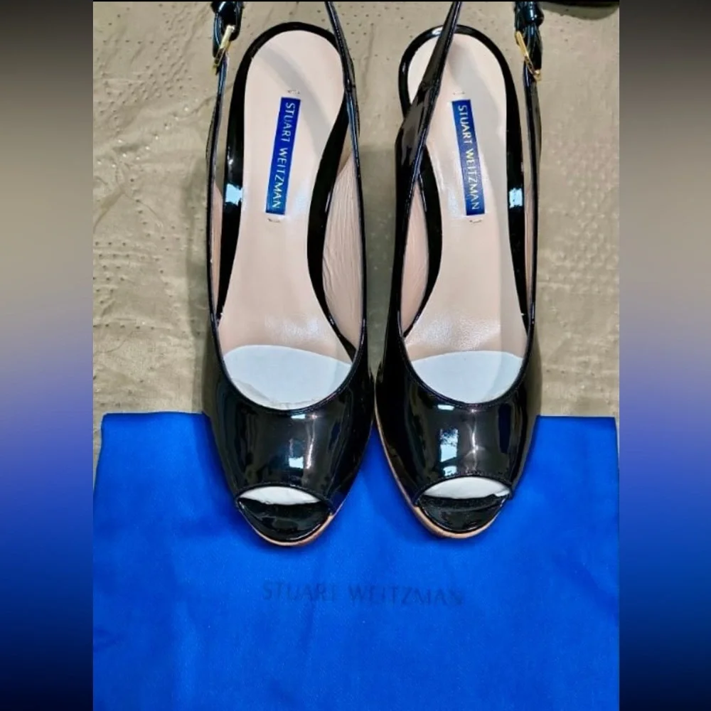 NEW Stuart Weitzman “Jean” Black Patent Leather Slingabck Cork Wedge - US 7.5 - Picture 7 of 8